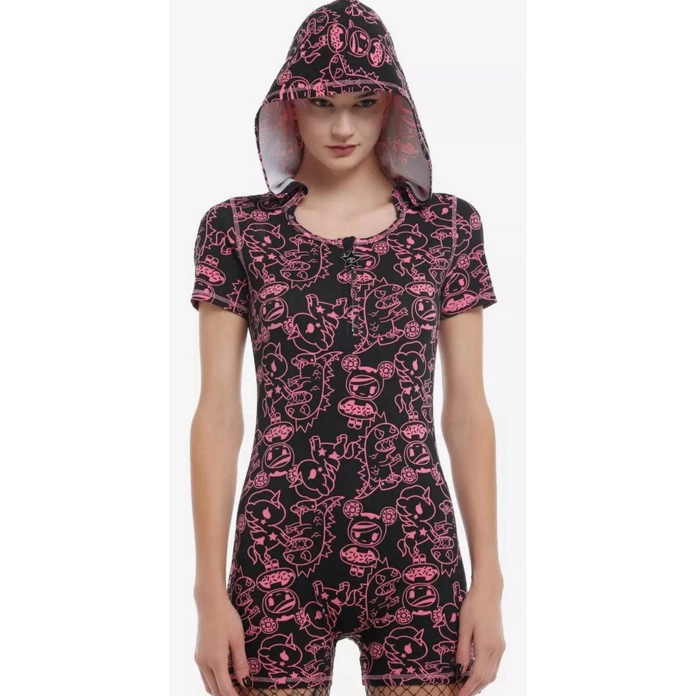 Hot Topic Tokidoki Black & Pink Character Outline Hooded Romper Womens Sz 2 NEW